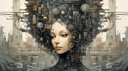 Art deco fantasy woman in futuristic city, fictional character, AI generated - obrazy, fototapety, plakaty