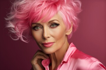 Naklejka premium Portrait of a stylish elderly woman with pink hair and a fashionable haircut.