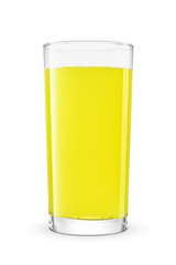 Glass of yellow soda soft drink isolated. Sweet taste of candy, lemon or cream soda. Transparent PNG image.