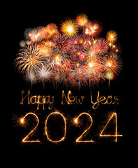 2024 happy new year fireworks celebration written sparkling at night