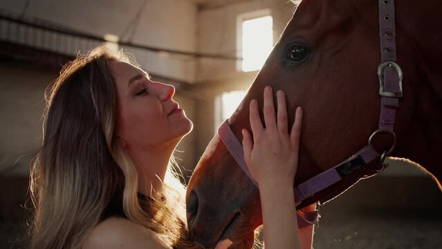Happy woman strokes face of friendly chestnut horse at farm