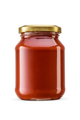 Tomato paste in a transparent glass jar isolated. Transparent PNG image.