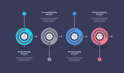 Horizontal process infographic template with four stages - dark version. Flat presentation diagram with thin lines and minimalistic icons. - obrazy, fototapety, plakaty