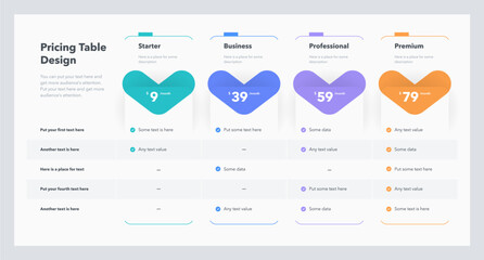 Price comparison table template for four plans or services. Simple flat infographic design for website marketing or promotion. - obrazy, fototapety, plakaty