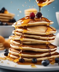 Delicious pancake with honey and fruits at kitchen, exploding ingredients. copy space for text