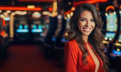 Happy young woman smiling and posing near slot machines in a casino - obrazy, fototapety, plakaty