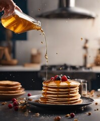 Delicious pancake with honey and fruits at kitchen, exploding ingredients. copy space for text