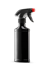 Blank black plastic trigger sprayer detergent bottle isolated. Transparent PNG image.