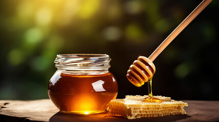 Close-up of a jar of honey with a honey dipper on a wooden table with a green natural background. Generative AI