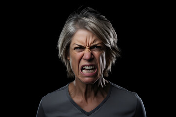 Angry senior Caucasian woman yelling, head and shoulders portrait on black background. Neural network generated image. Not based on any actual person or scene. - obrazy, fototapety, plakaty