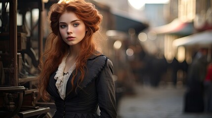 an 18 year old vibrant red hair woman in a victorian times setting