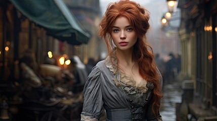 an 18 year old vibrant red hair woman in a victorian times setting - obrazy, fototapety, plakaty