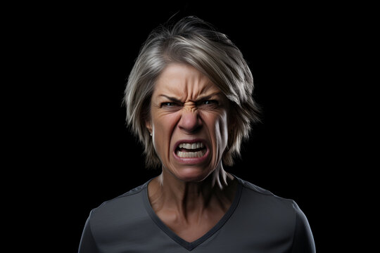 Angry senior Caucasian woman yelling, head and shoulders portrait on black background. Neural network generated image. Not based on any actual person or scene.