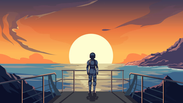silhouette of a female astronaut person watching the sunset