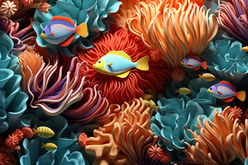 Fototapeta na wymiar Dive into the aqua waves with this 3D wallpaper, showcasing a vibrant underwater seascape that brings the beauty of Caribbean reefs to your screen.