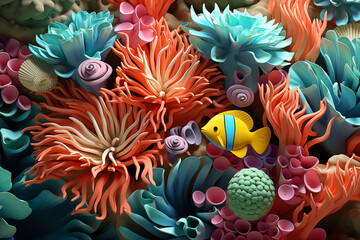 Obraz na płótnie Canvas Beautiful tropical fish swim among coral reefs in this 3D render, perfect for an underwater-themed background or aquarium wallpaper.