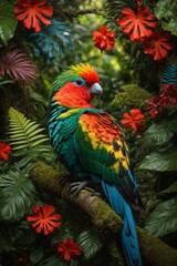 Fototapeta premium A resplendent quetzal with dazzling plumage takes center stage in dense Brazilian tropical rainforest where sunlight filters through the lush green canopy. Generative AI.