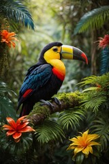 Fototapeta premium a toucan with dazzling plumage takes center stage in dense Brazilian tropical rainforest where sunlight filters through the lush green canopy. Generative AI.