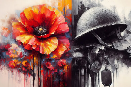 Remembrance Day, Armistice Day, Anzac day background with soldier helmet, ammunition and wild red poppies flowers