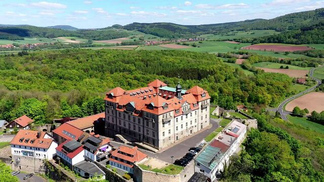 Aerial view, flight on Bieberstein Castle, Hofbieber, Rhoen, Hesse, Germany, Europe
