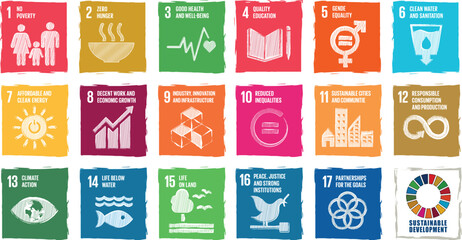 Sustainable Development global goals icon set chock board sketch. School Education concept. Sustainable Development for a better world. Vector illustration.. - obrazy, fototapety, plakaty