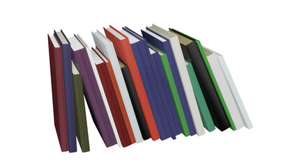 Row of books of different colors on top of each other on isolated background, alpha, transparent, png