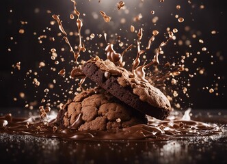 Delicious homemade chocolate chip cookies with exploding ingredients, isolated background - obrazy, fototapety, plakaty