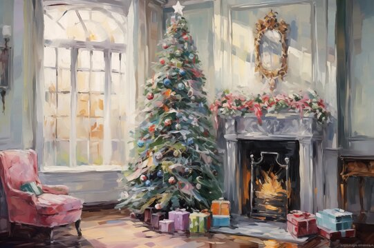 An Indoor Christmas Scene Inside With Presents, a Christmas Tree, a Lit Log Fire and Decorations,  in a Painted Christmas Card or Calendar Style