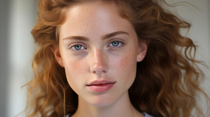 Fototapeta premium Close-up of red-head model. Make-up, smooth skin. Natural light. Fashion, editorial concept.