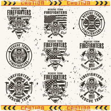 Firefighters set of vector emblems, badges or labels design illustration in monochrome style on background with grunge textures