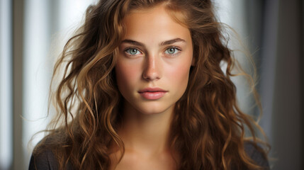 Naklejka premium Close-up portrait of model. Natural light. Fashion, Beauty concept.