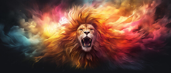 lion in rainbow colors (Generative AI) - obrazy, fototapety, plakaty