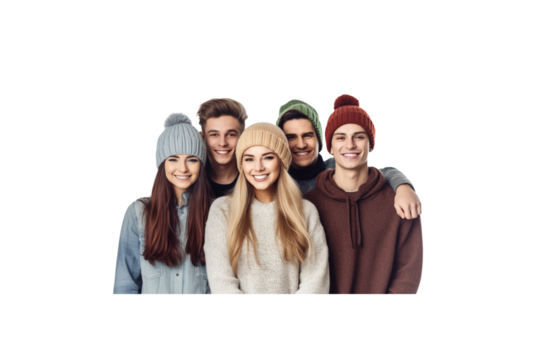 Group of friends in winter clothes smiling looking at camera, transparent background