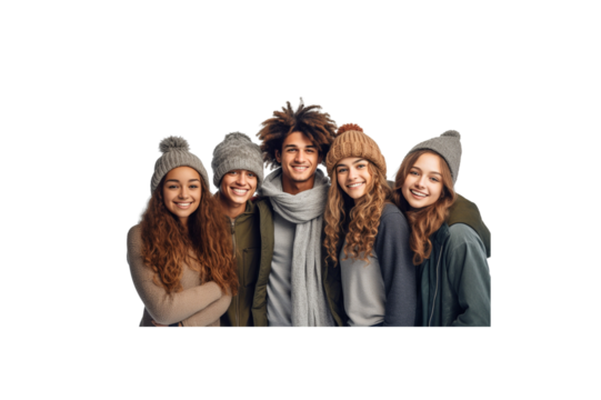 Group of friends in winter clothes smiling looking at camera, transparent background