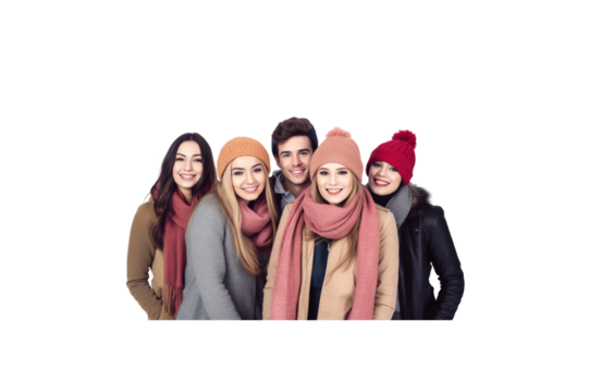 Group of friends in winter clothes smiling looking at camera, transparent background
