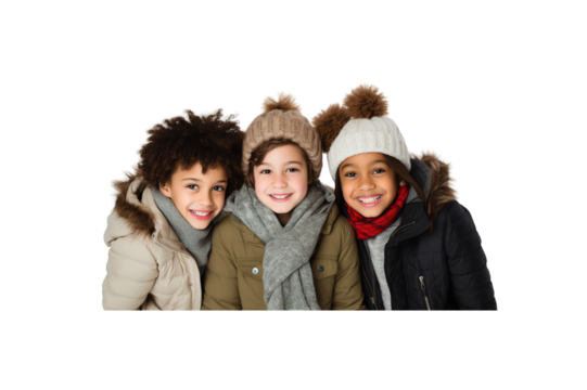 Group of friends in winter clothes smiling looking at camera, transparent background