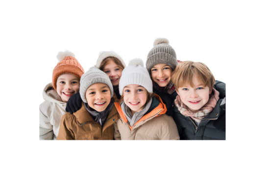 Group of friends in winter clothes smiling looking at camera, transparent background