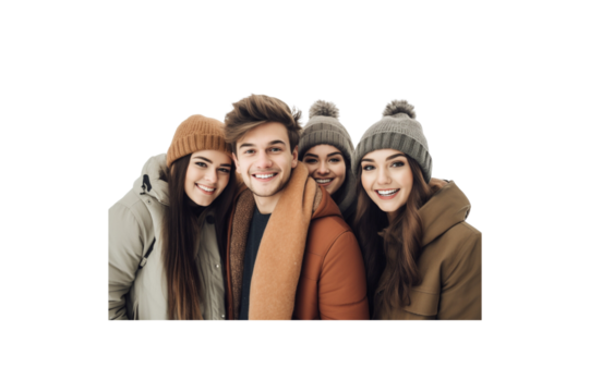 Group of friends in winter clothes smiling looking at camera, transparent background