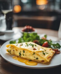 omelette for breakfast on a white porcelain plate in the restaurant

