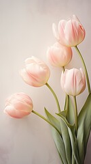 A symphony of pastel tulips on beige marble, accompanied by gold leaf. Vertical orientation. Floral...
