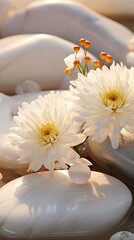 An alabaster marble serenity of a Zen garden, with gold-painted rocks and white chrysanthemums. Vertical orientation. 