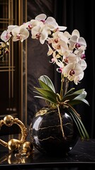 Luxurious black marble with vibrant orchids and subtle gold chains. Art design for wedding, jewel, gem, fashion, opulence, glamour. Vertical orientation. 