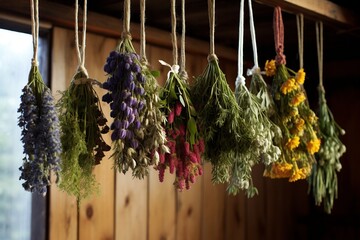  Dried Herbal Bouquets Hanging on Wooden Wall