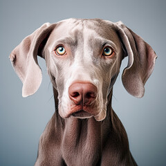 A Weimaraner dog with a focused expression in a captivating frontal portrait against a neutral grey background
