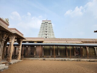Tiruchirappalli, Tamil Nadu India - Oct 18 2023: Vellai gopuram in Sri Ranganatha Swamy Temple, Srirangam (Divya Desam)