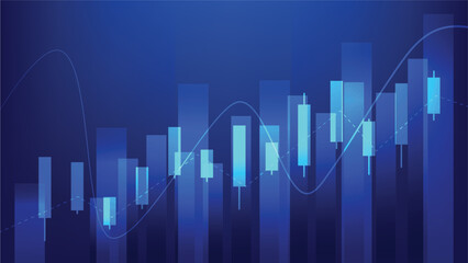Financial business statistics with bar graph and candlestick chart show stock market price on dark blue background