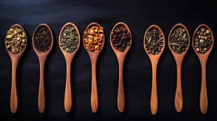 Different types of tea and herbs in vintage wood spoons, top view on dark background. Copy space. Generative AI