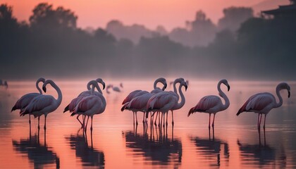 Obraz premium a flock of Flamingo's standing in the river, sunset and foggy weather