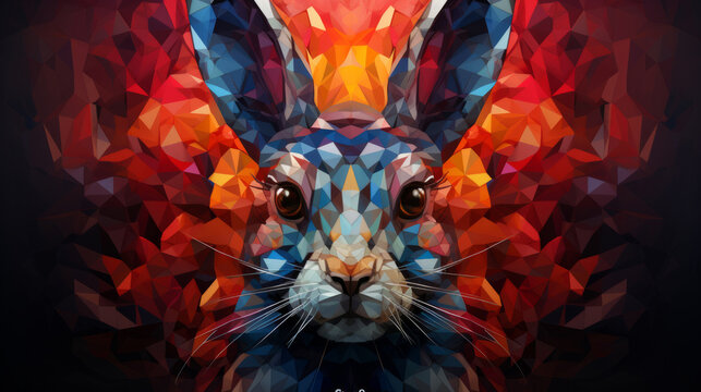 Fototapeta Multicolor geometric illustration of a rabbit. Colourful poly graphic on black background.