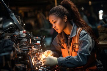 Fototapeta na wymiar A young woman working with an engine wearing her uniform.